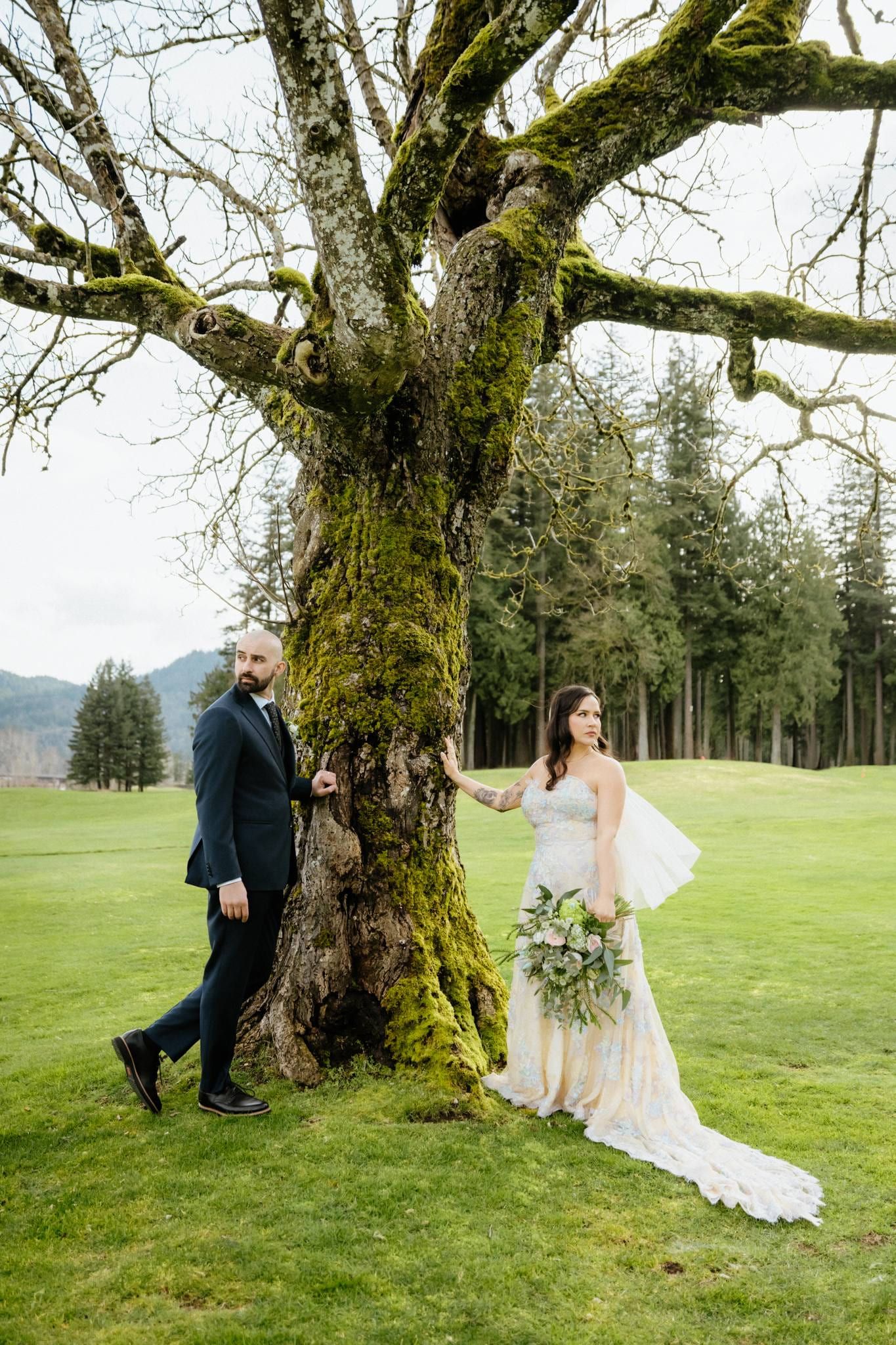 Bride and groom on either side of a huge mossy tree trunk, holding hands