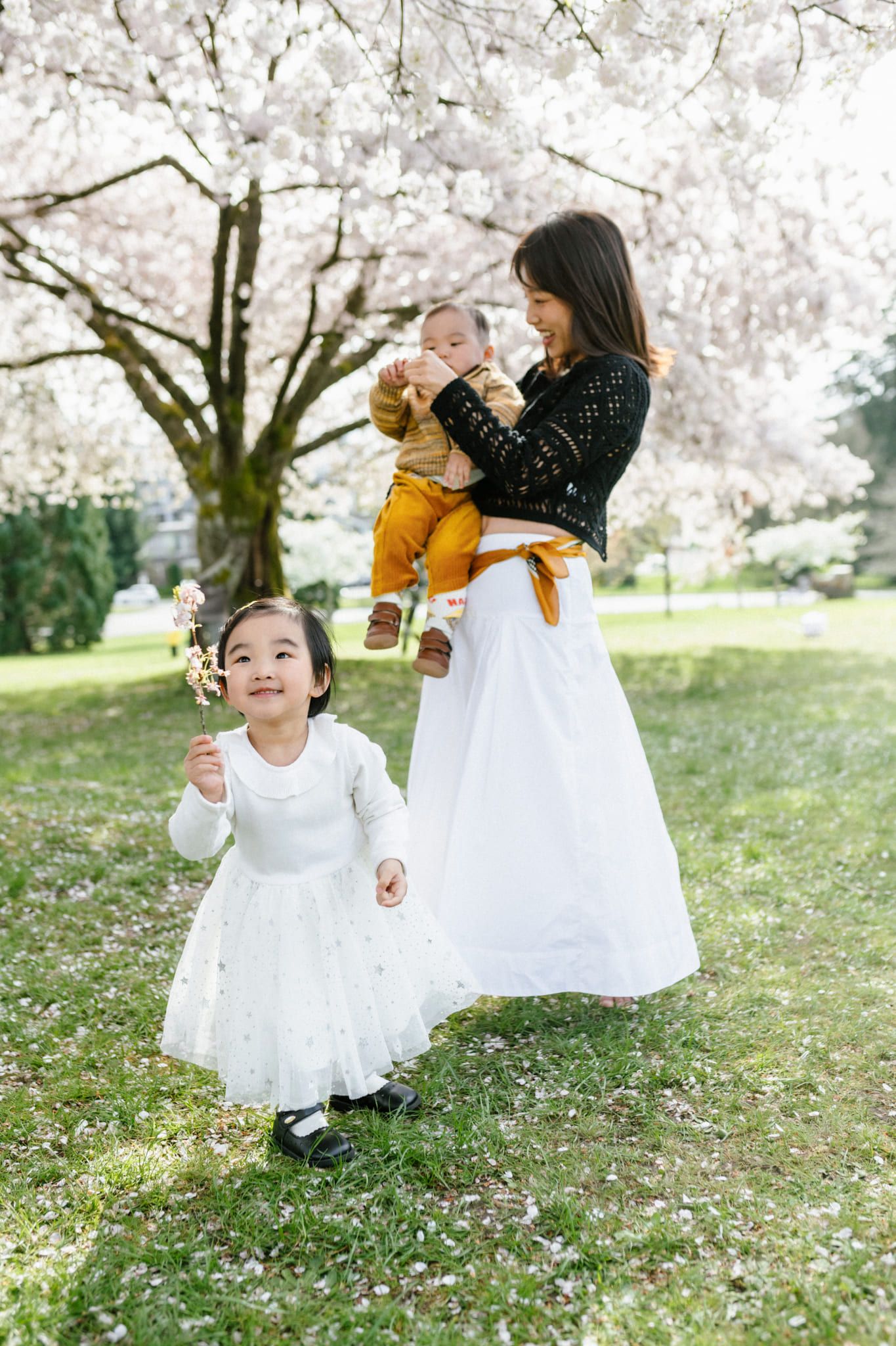 Family photography, mom holding her baby while her little girl runs under a blossoming cherry tree