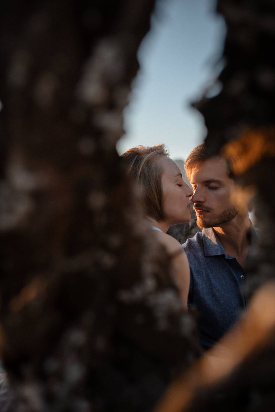 Classic engagement photos in warm light, couple kissing, framed by a tree trunk