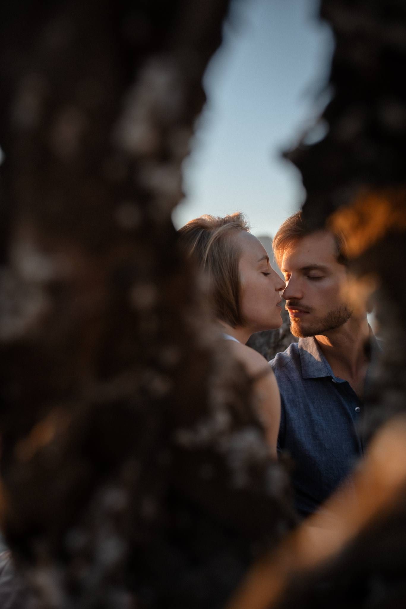 Engagement pictures, couple kissing, framed by a dark tree trunk