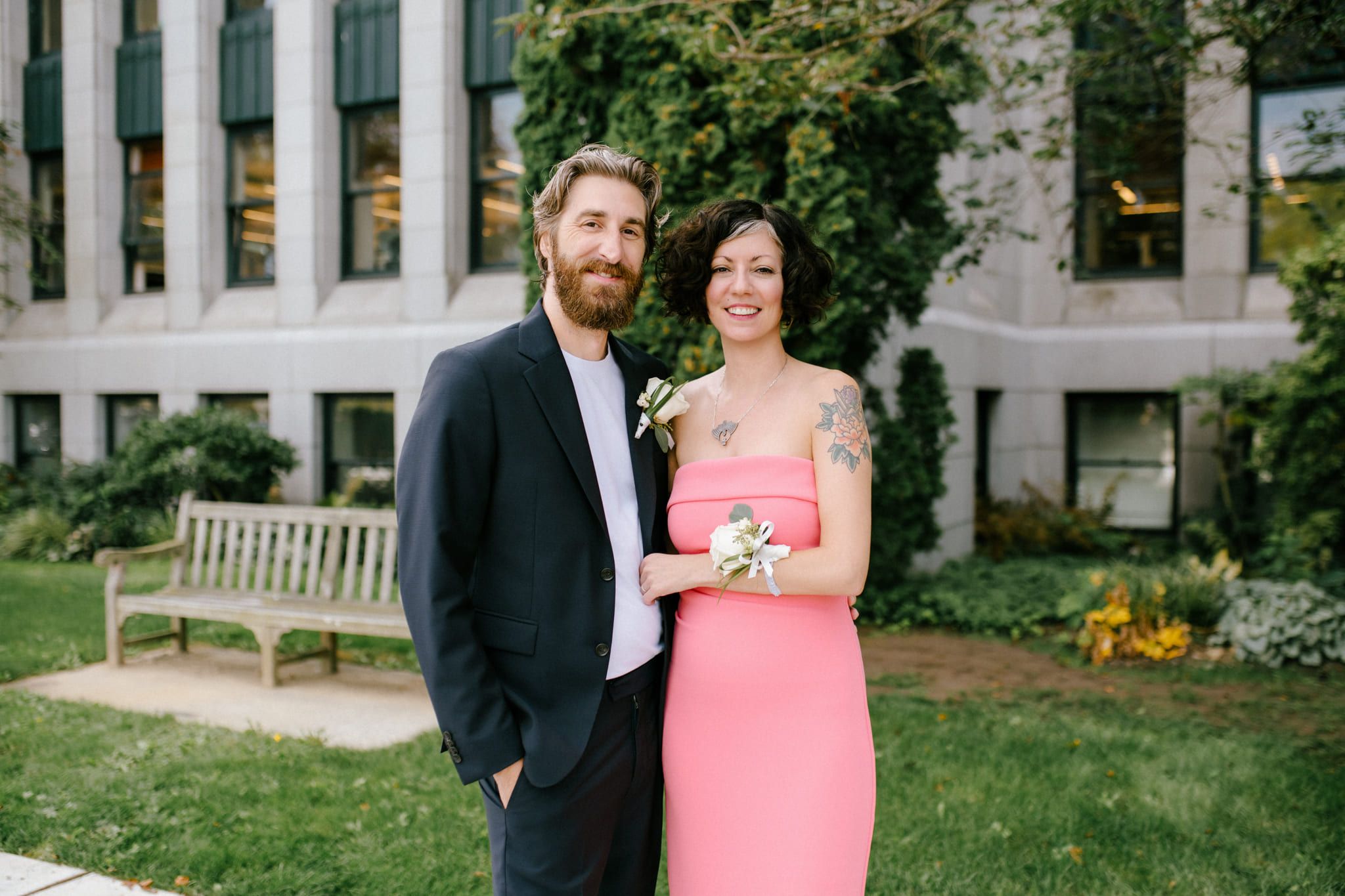 Langley elopement photographer, couple smiling outside a city hall building after their ceremony