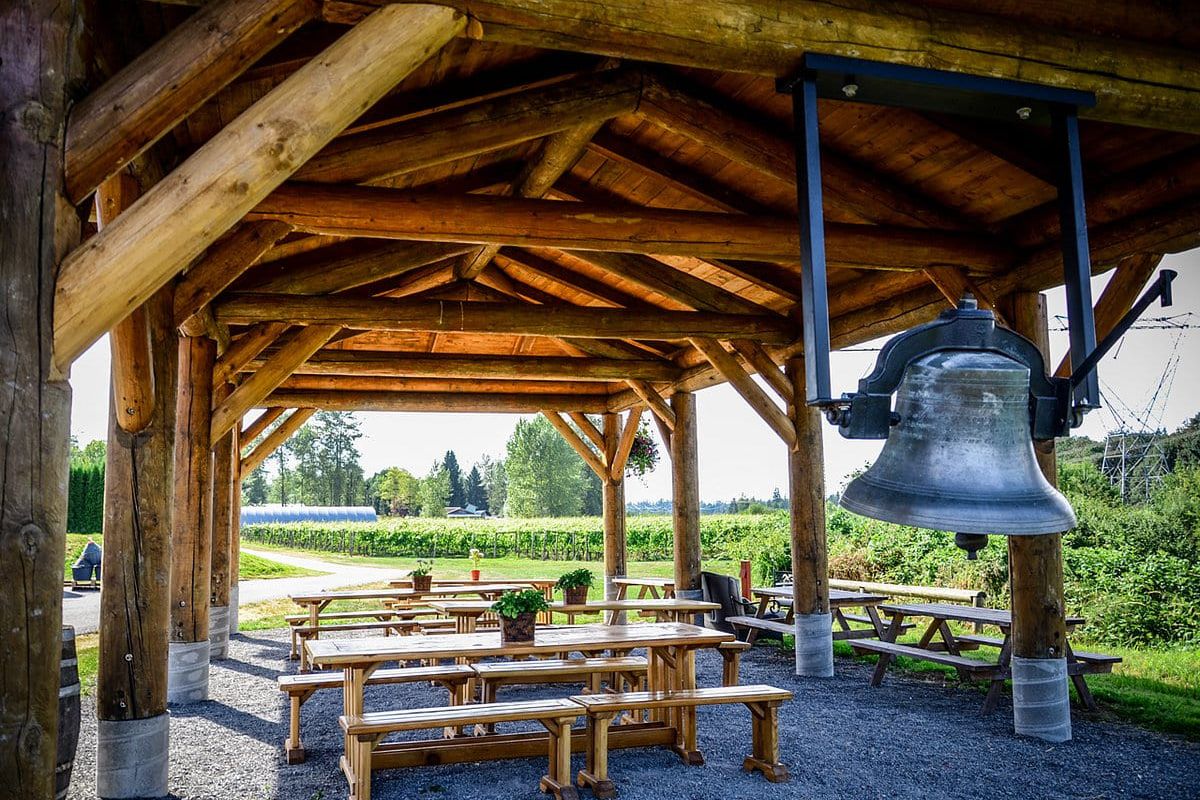 Outdoor wedding shoot, timber pavilion with a bell and picnic tables at Backyard Vineyards