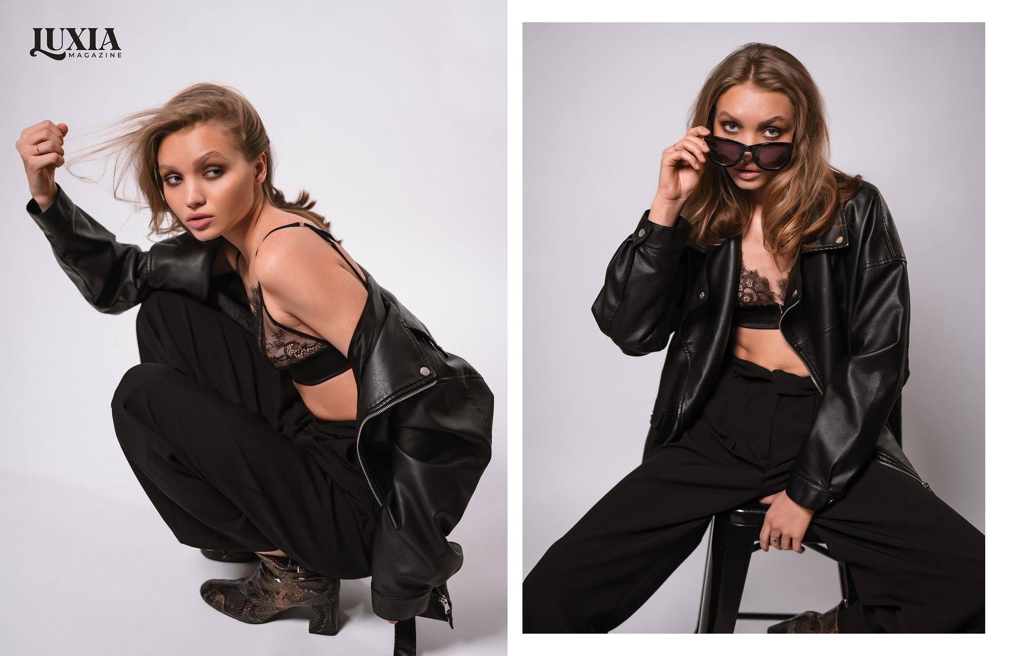 Magazine spread featuring a model in black leather crouching and seated