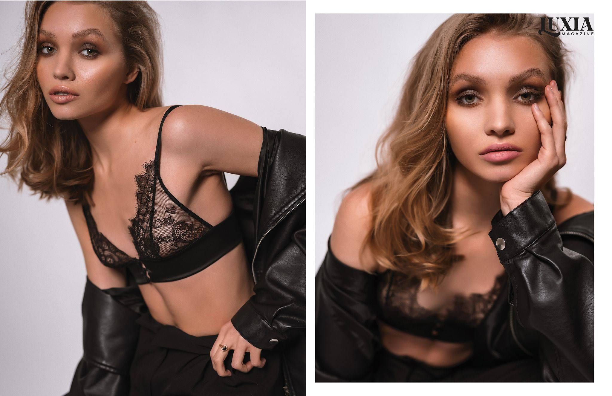 Magazine spread with a model in a black bra and leather jacket