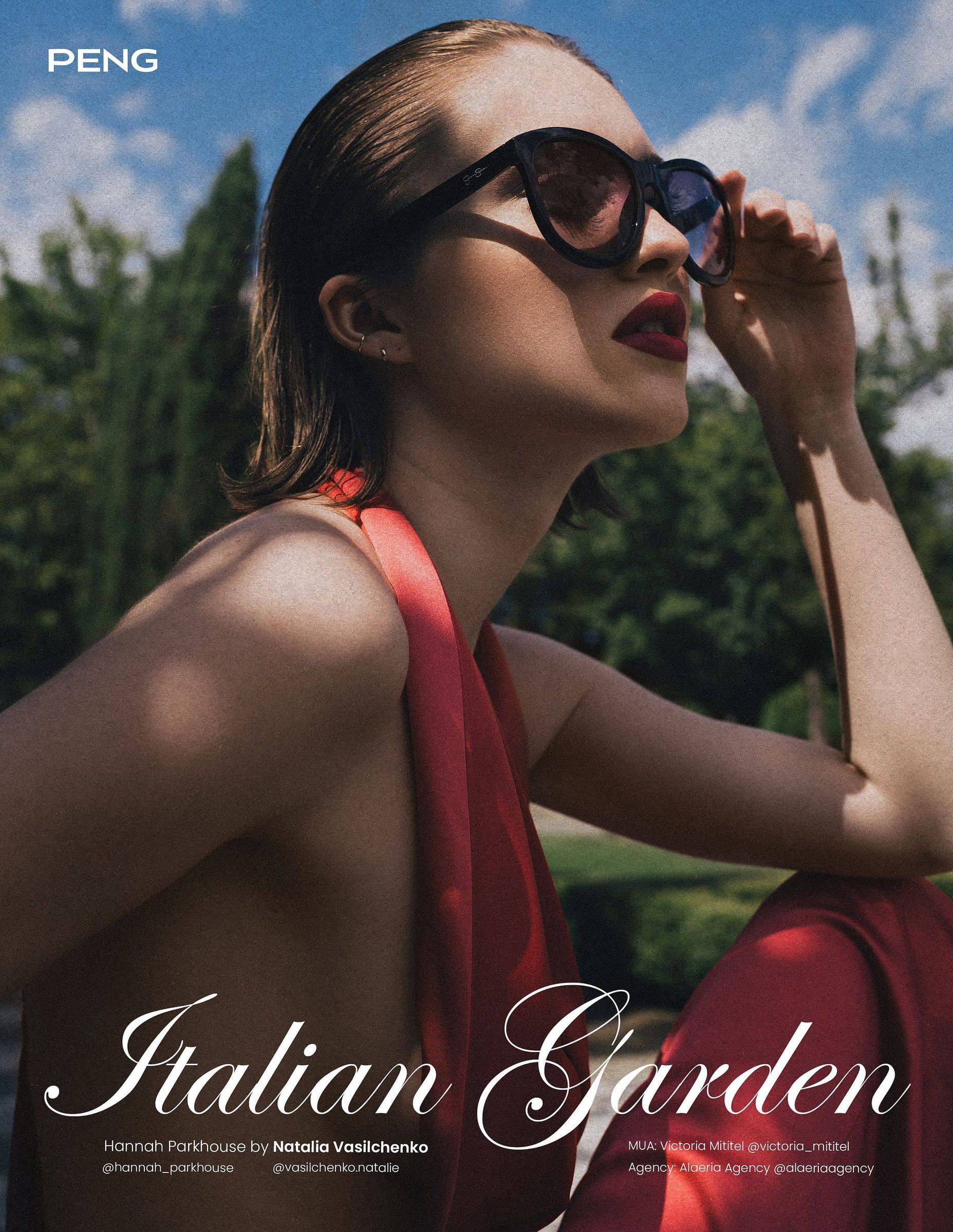 Model in sunglasses and a red scarf on the Italian Garden cover of PENG magazine