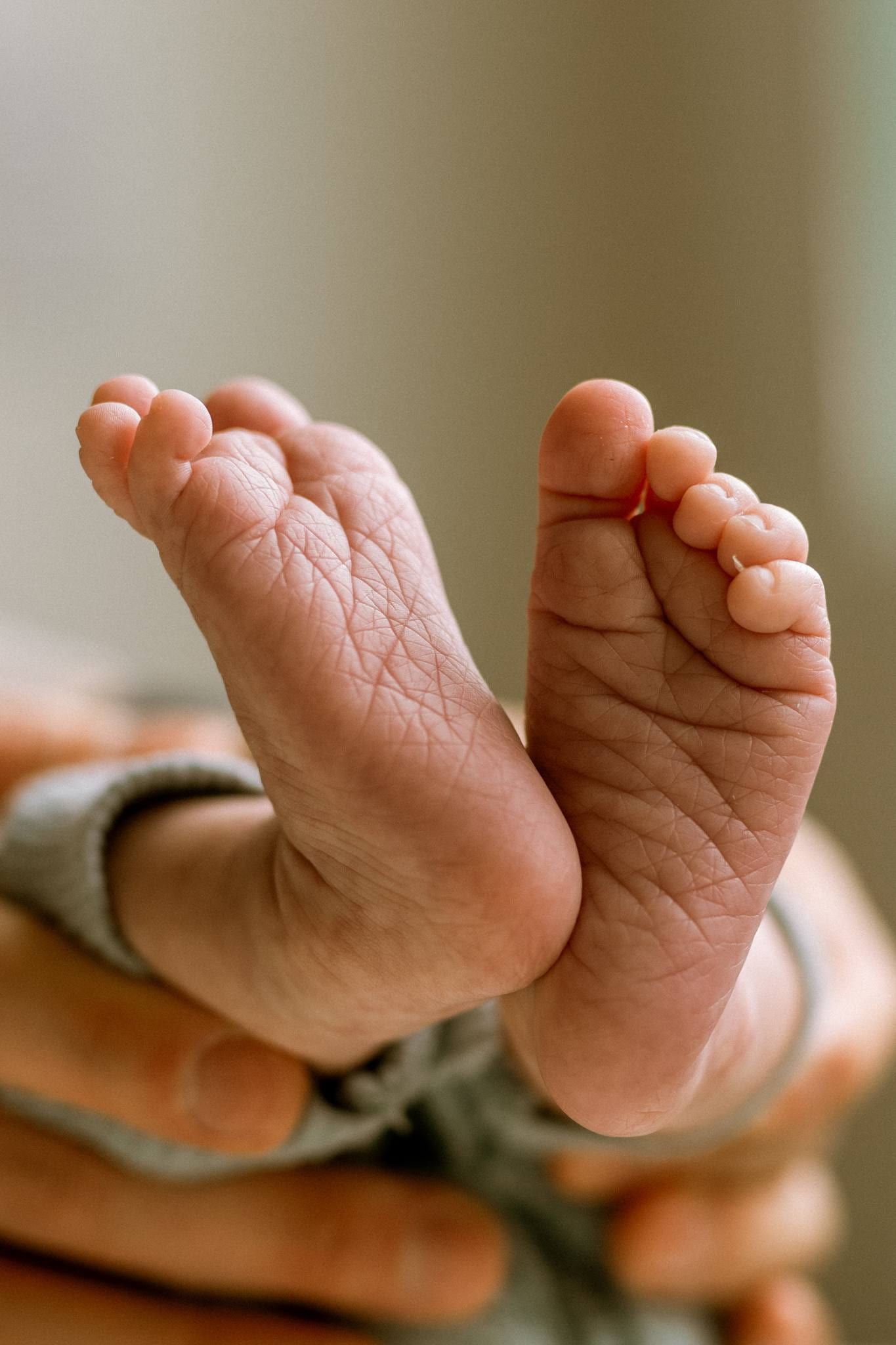 Close-up of a newborn's tiny feet and toes