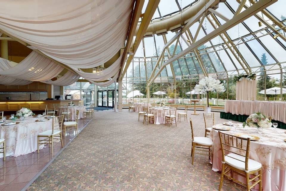 Pre-bridal shoot, reception room under a glass roof with draped fabric at Newlands Golf & Country Club